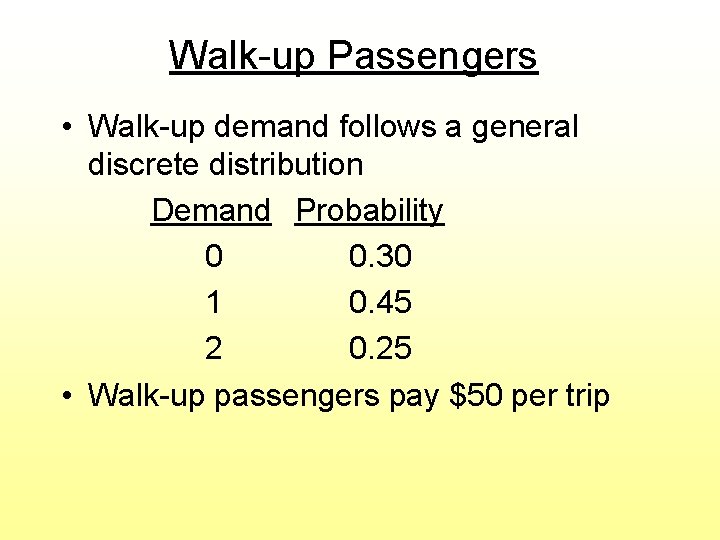 Walk-up Passengers • Walk-up demand follows a general discrete distribution Demand Probability 0 0. Walk-up Passengers • Walk-up demand follows a general discrete distribution Demand Probability 0 0.