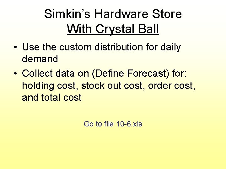 Simkin’s Hardware Store With Crystal Ball • Use the custom distribution for daily demand