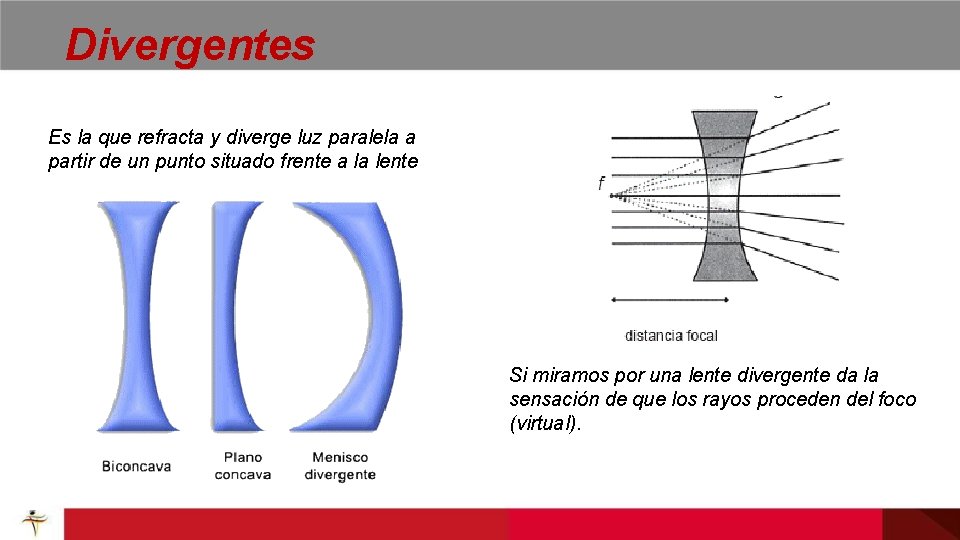Divergentes Es la que refracta y diverge luz paralela a partir de un punto