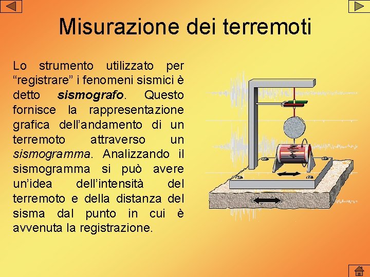 Misurazione dei terremoti Lo strumento utilizzato per “registrare” i fenomeni sismici è detto sismografo. Misurazione dei terremoti Lo strumento utilizzato per “registrare” i fenomeni sismici è detto sismografo.