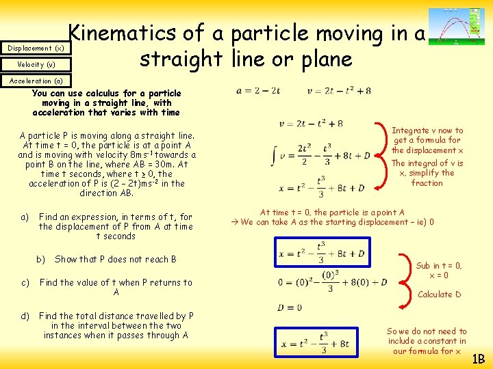 Displacement (x) Velocity (v) Kinematics of a particle moving in a straight line or