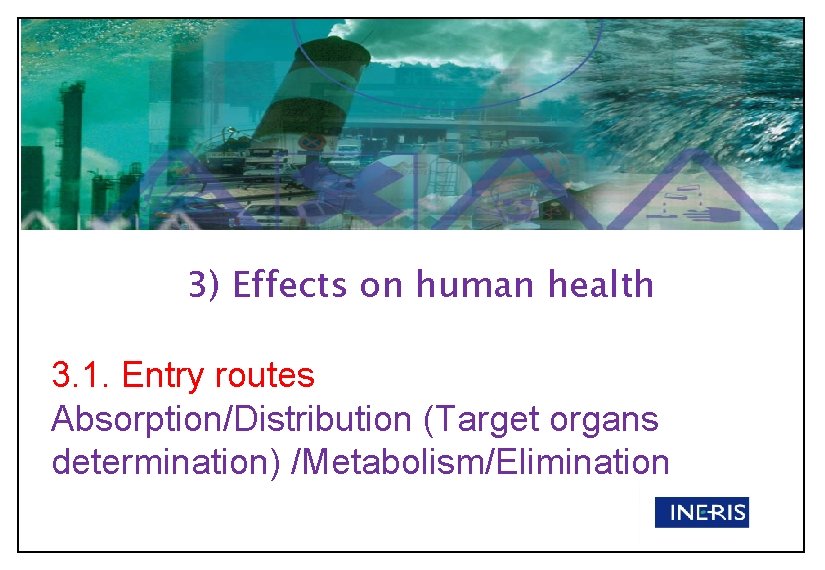 3) Effects on human health 3. 1. Entry routes Absorption/Distribution (Target organs determination) /Metabolism/Elimination 3) Effects on human health 3. 1. Entry routes Absorption/Distribution (Target organs determination) /Metabolism/Elimination