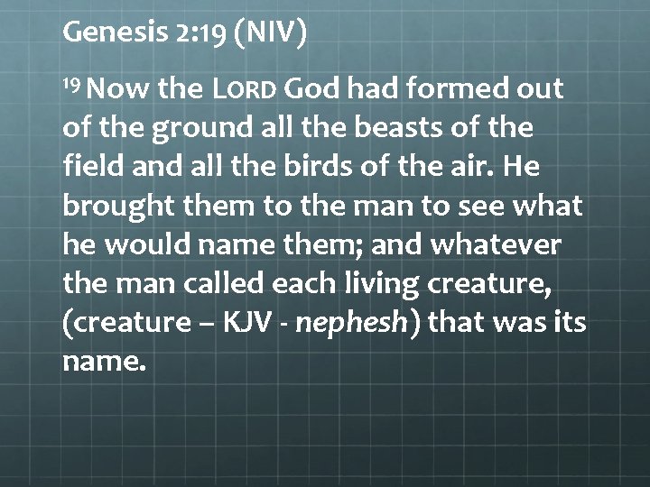 Genesis 2: 19 (NIV) 19 Now the LORD God had formed out of the