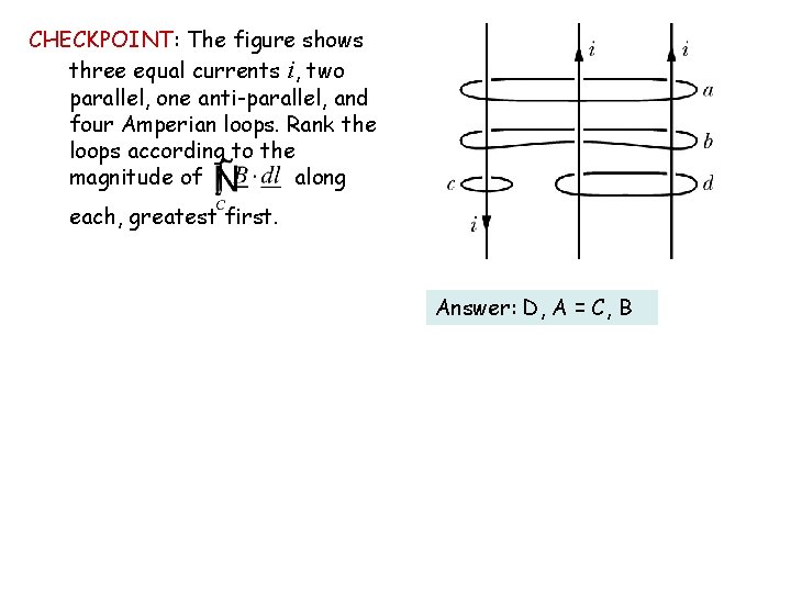 CHECKPOINT: The figure shows three equal currents i, two parallel, one anti-parallel, and four