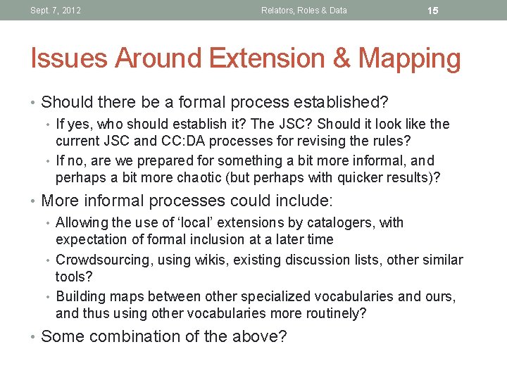 Sept. 7, 2012 Relators, Roles & Data 15 Issues Around Extension & Mapping •