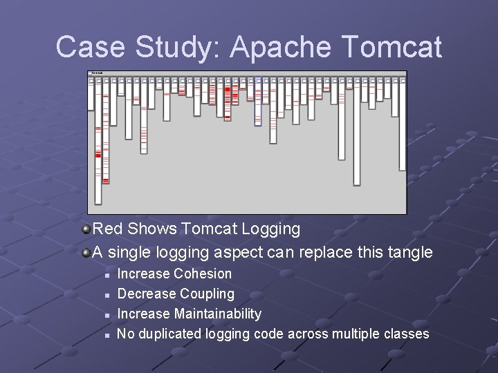 Case Study: Apache Tomcat Red Shows Tomcat Logging A single logging aspect can replace
