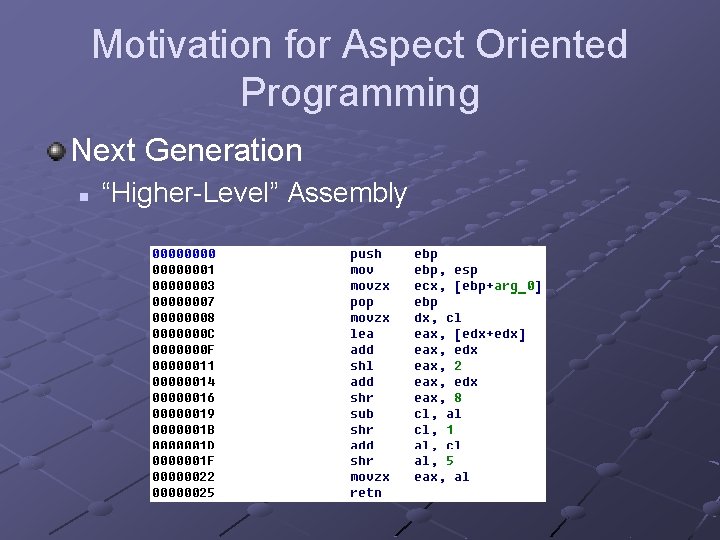 Motivation for Aspect Oriented Programming Next Generation n “Higher-Level” Assembly 