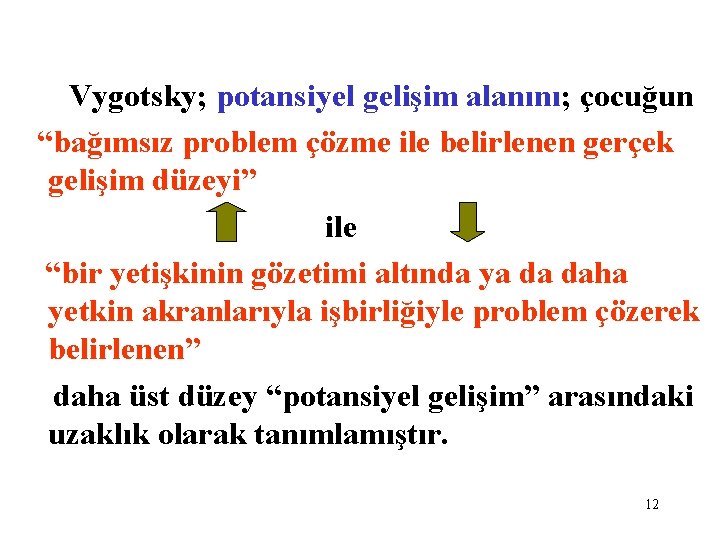 Vygotsky; potansiyel gelişim alanını; çocuğun “bağımsız problem çözme ile belirlenen gerçek gelişim düzeyi” ile