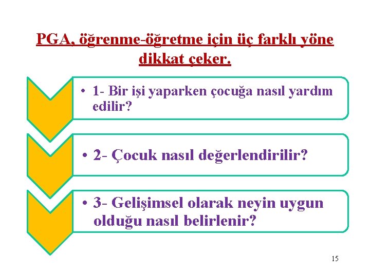 PGA, öğrenme-öğretme için üç farklı yöne dikkat çeker. • 1 - Bir işi yaparken