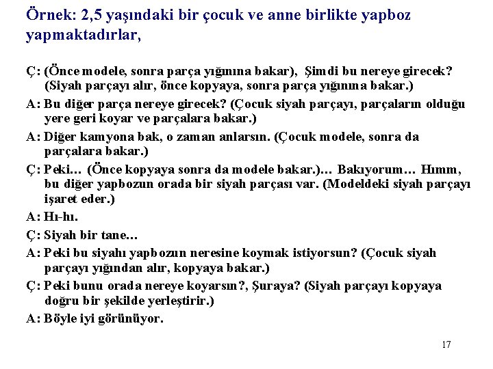 Örnek: 2, 5 yaşındaki bir çocuk ve anne birlikte yapboz yapmaktadırlar, Ç: (Önce modele,