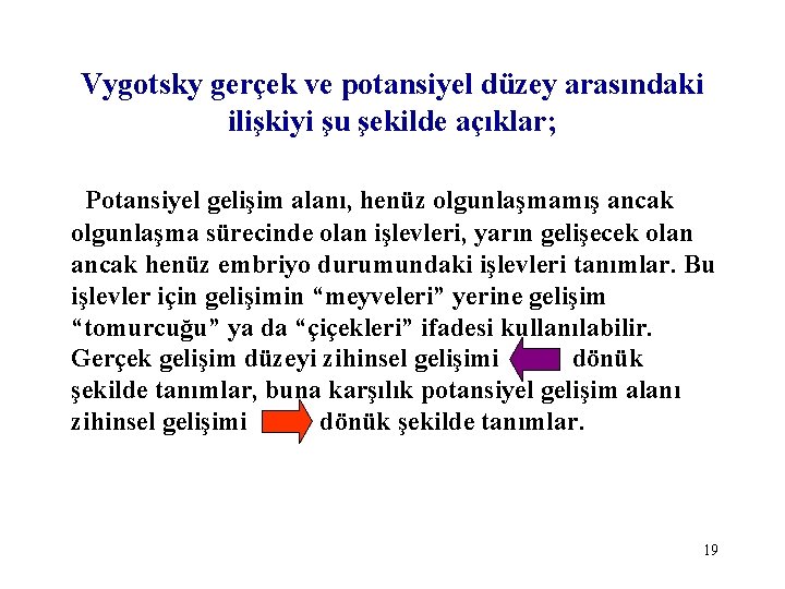 Vygotsky gerçek ve potansiyel düzey arasındaki ilişkiyi şu şekilde açıklar; Potansiyel gelişim alanı, henüz