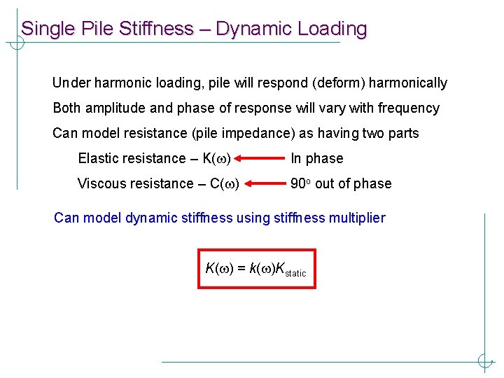 Single Pile Stiffness – Dynamic Loading Under harmonic loading, pile will respond (deform) harmonically