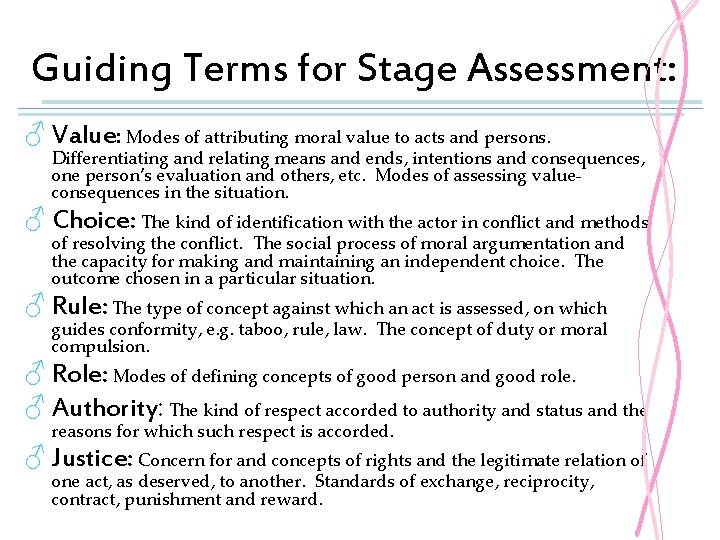 Guiding Terms for Stage Assessment: ♂ Value: Modes of attributing moral value to acts