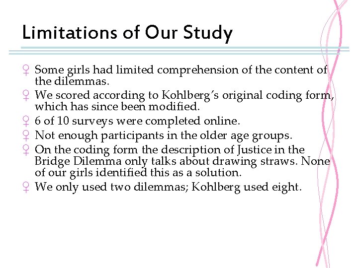 Limitations of Our Study ♀ Some girls had limited comprehension of the content of