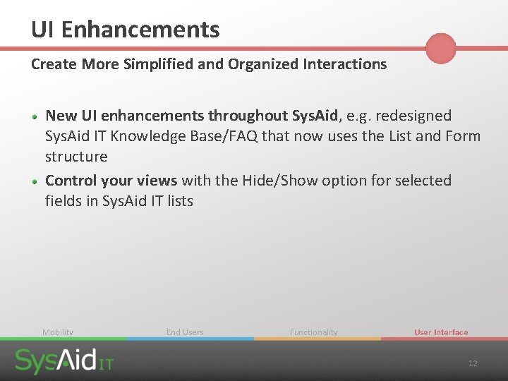 UI Enhancements Create More Simplified and Organized Interactions New UI enhancements throughout Sys. Aid, UI Enhancements Create More Simplified and Organized Interactions New UI enhancements throughout Sys. Aid,