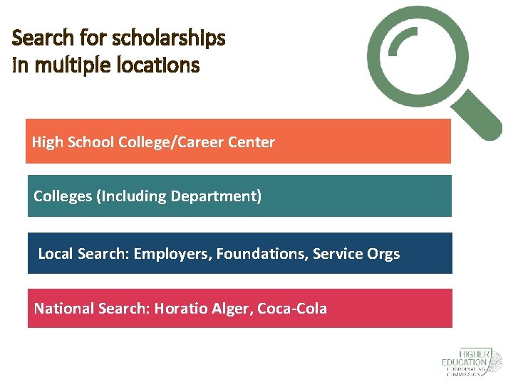 Search for scholarships in multiple locations High School College/Career Center Colleges (Including Department) Local