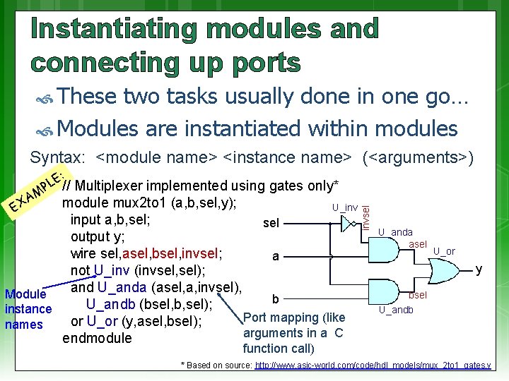 Instantiating modules and connecting up ports These two tasks usually done in one go…
