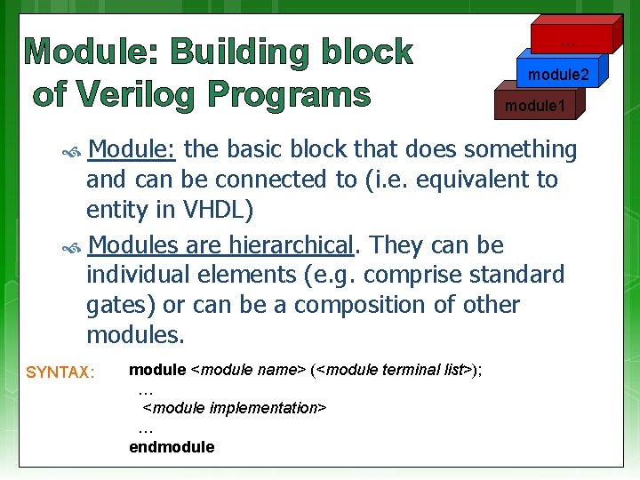 Module: Building block of Verilog Programs … module 2 module 1 Module: the basic