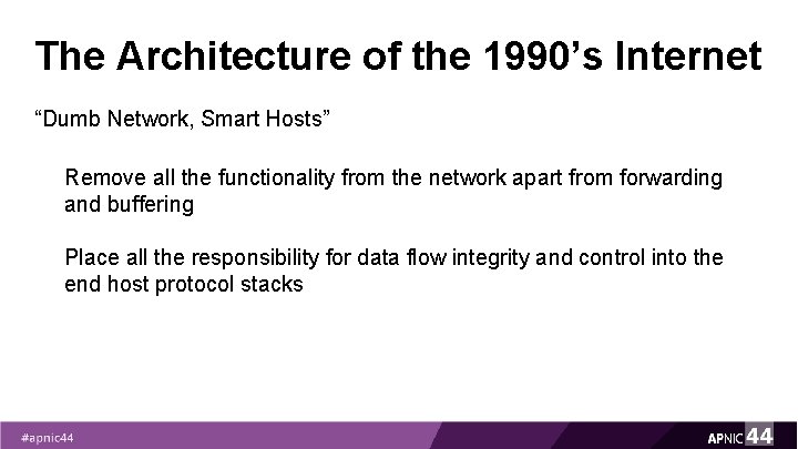 The Architecture of the 1990’s Internet “Dumb Network, Smart Hosts” Remove all the functionality The Architecture of the 1990’s Internet “Dumb Network, Smart Hosts” Remove all the functionality
