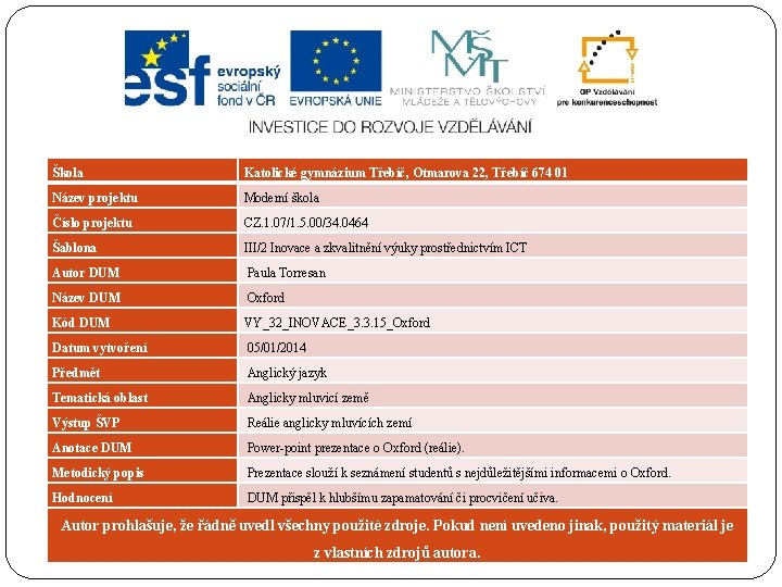 Škola Katolické gymnázium Třebíč, Otmarova 22, Třebíč 674 01 Název projektu Moderní škola Číslo