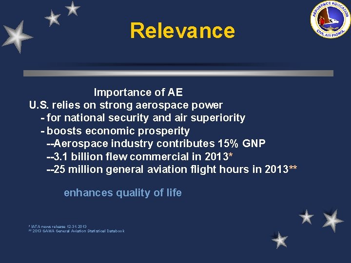 Relevance Importance of AE U. S. relies on strong aerospace power - for national Relevance Importance of AE U. S. relies on strong aerospace power - for national
