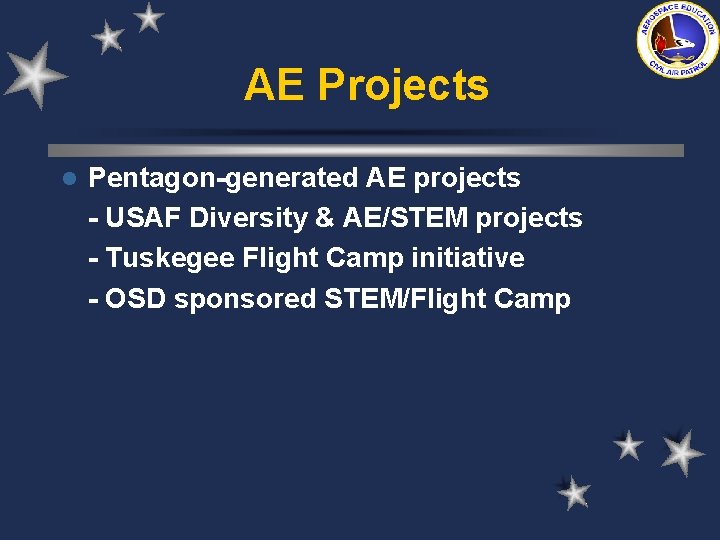 AE Projects l Pentagon-generated AE projects - USAF Diversity & AE/STEM projects - Tuskegee AE Projects l Pentagon-generated AE projects - USAF Diversity & AE/STEM projects - Tuskegee