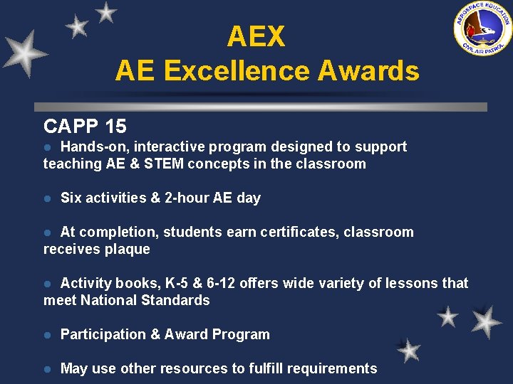 AEX AE Excellence Awards CAPP 15 Hands-on, interactive program designed to support teaching AE AEX AE Excellence Awards CAPP 15 Hands-on, interactive program designed to support teaching AE