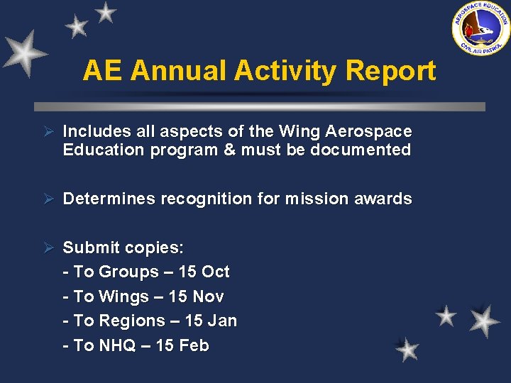 AE Annual Activity Report Ø Includes all aspects of the Wing Aerospace Education program AE Annual Activity Report Ø Includes all aspects of the Wing Aerospace Education program