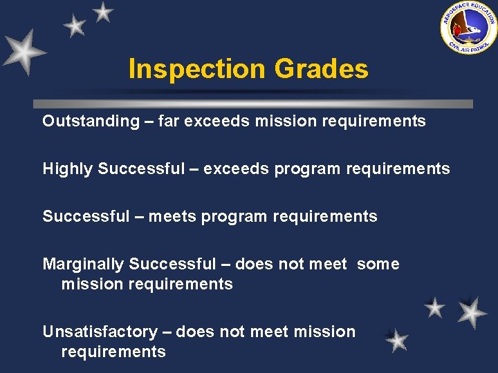 Inspection Grades Outstanding – far exceeds mission requirements Highly Successful – exceeds program requirements Inspection Grades Outstanding – far exceeds mission requirements Highly Successful – exceeds program requirements