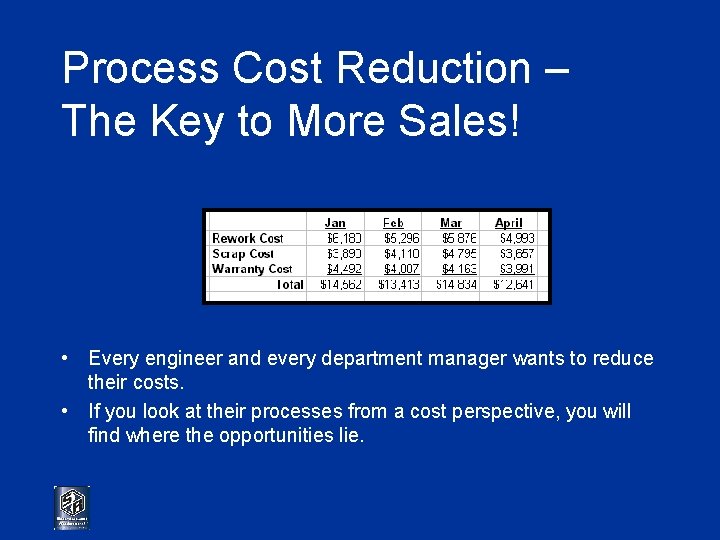 Process Cost Reduction – The Key to More Sales! • Every engineer and every
