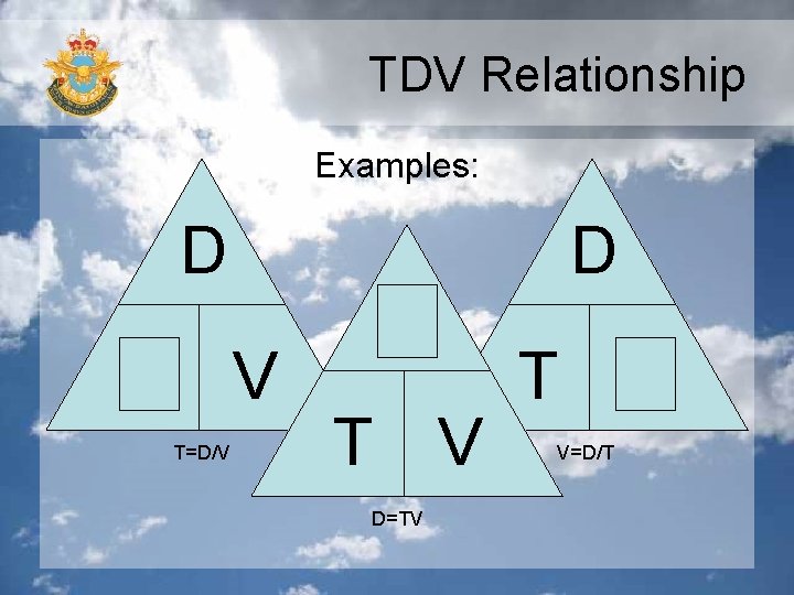 TDV Relationship Examples: D T V T=D/V D T V D=TV D T V
