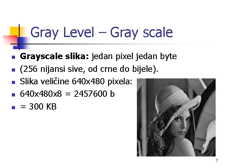 Gray Level – Gray scale n n n Grayscale slika: jedan pixel jedan byte