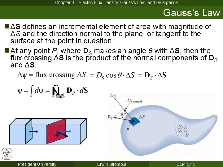 Chapter 3 Electric Flux Density, Gauss’s Law, and Divergence Gauss’s Law n ΔS defines