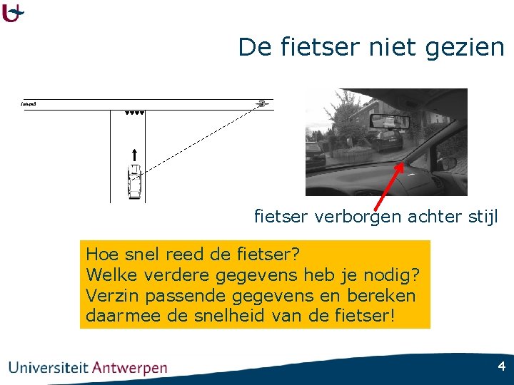 De fietser niet gezien fietspad fietser verborgen achter stijl Hoe snel reed de fietser?