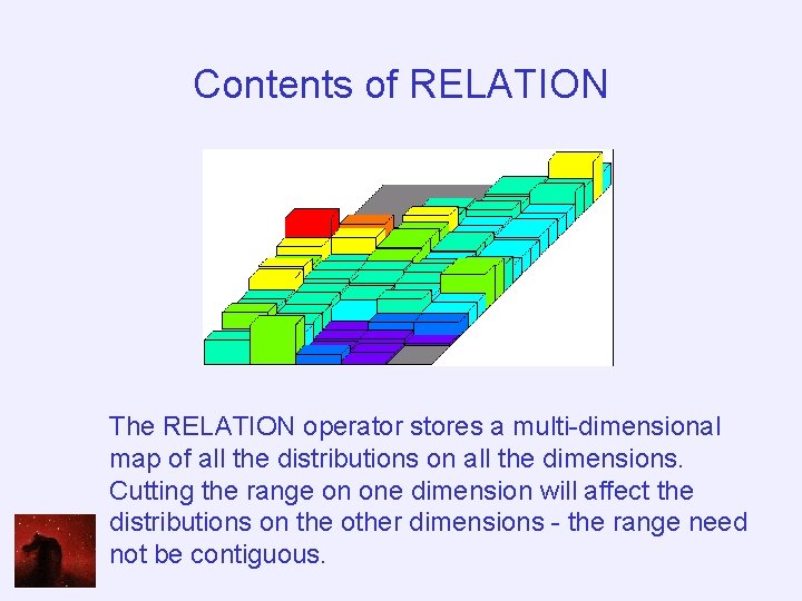 Contents of RELATION The RELATION operator stores a multi-dimensional map of all the distributions
