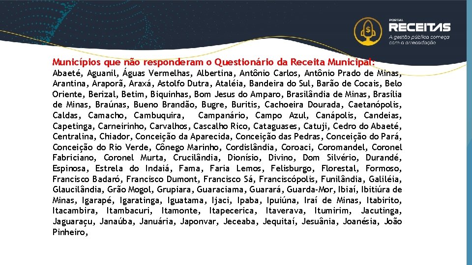 Municípios que não responderam o Questionário da Receita Municipal: Abaeté, Aguanil, Águas Vermelhas, Albertina,