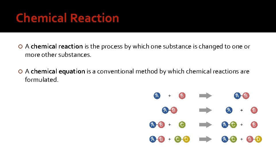 Chemical Reaction A chemical reaction is the process by which one substance is changed