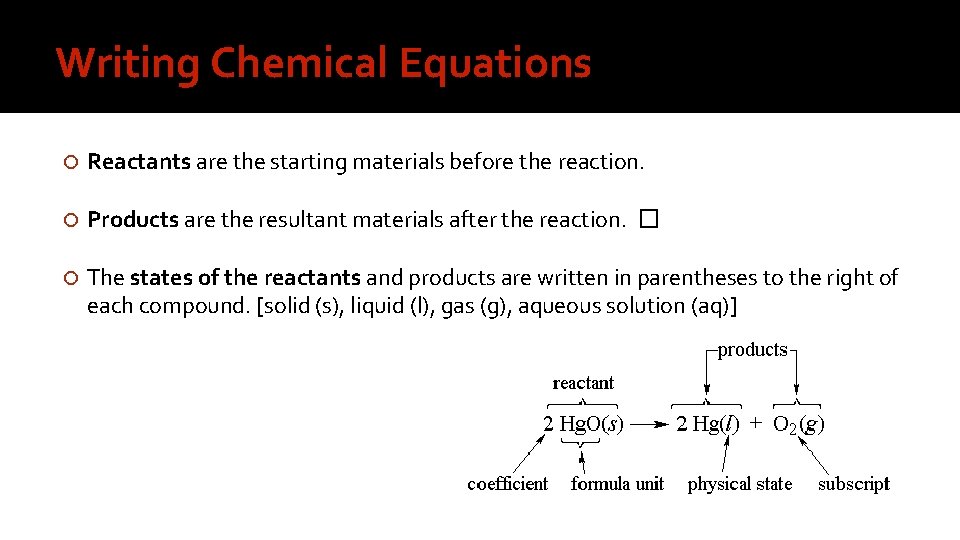 Writing Chemical Equations Reactants are the starting materials before the reaction. Products are the