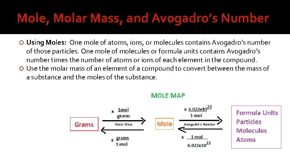 Mole, Molar Mass, and Avogadro’s Number Using Moles: One mole of atoms, ions, or