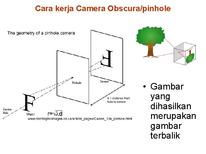Cara kerja Camera Obscura/pinhole • Gambar yang dihasilkan merupakan gambar terbalik 