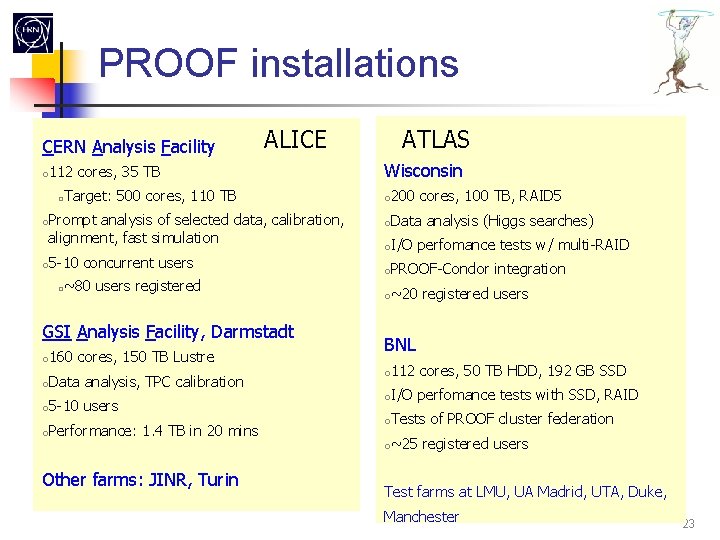 PROOF installations CERN Analysis Facility ALICE 112 cores, 35 TB Target: 500 cores, 110