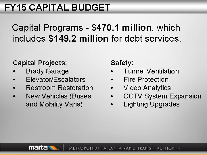 FY 15 CAPITAL BUDGET Capital Programs - $470. 1 million, which includes $149. 2