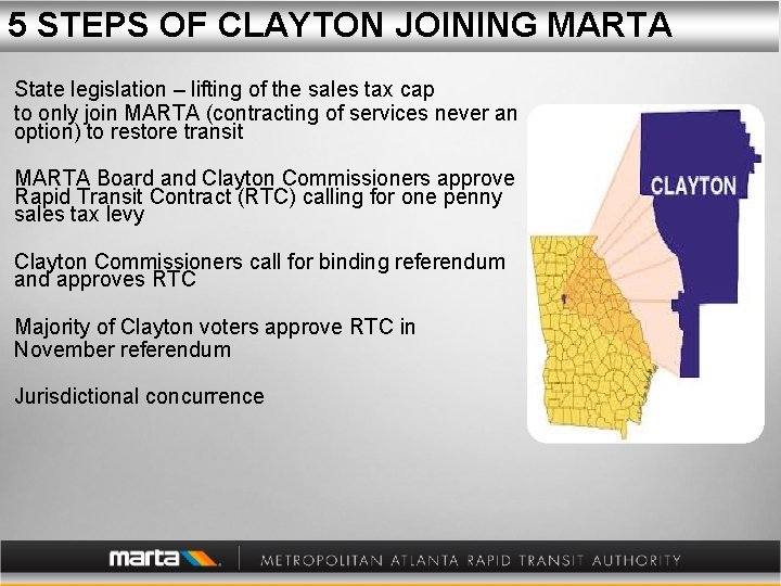 5 STEPS OF CLAYTON JOINING MARTA State legislation – lifting of the sales tax