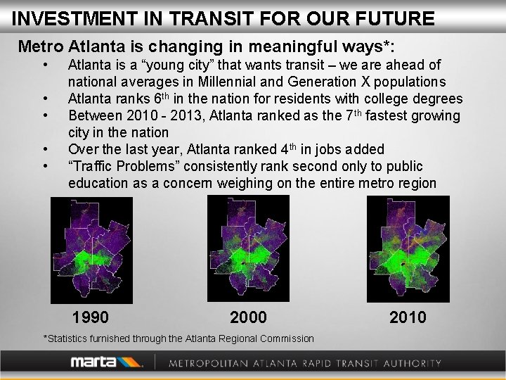 INVESTMENT IN TRANSIT FOR OUR FUTURE Metro Atlanta is changing in meaningful ways*: •