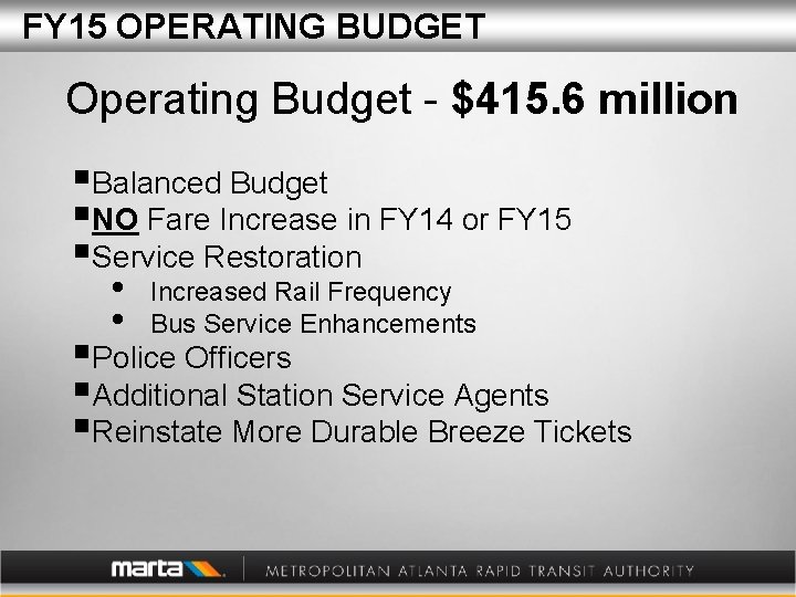 FY 15 OPERATING BUDGET Operating Budget - $415. 6 million §Balanced Budget §NO Fare