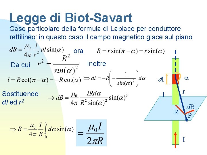 Legge di Biot-Savart Caso particolare della formula di Laplace per conduttore rettilineo: in questo