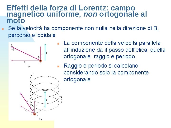 Effetti della forza di Lorentz: campo magnetico uniforme, non ortogonale al moto n Se