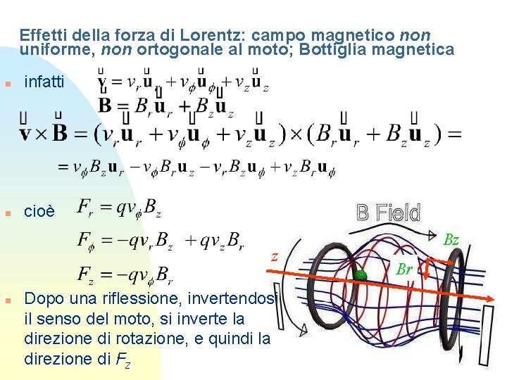 Effetti della forza di Lorentz: campo magnetico non uniforme, non ortogonale al moto; Bottiglia