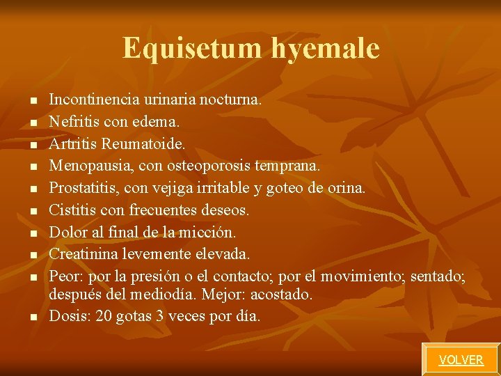 Equisetum hyemale n n n n n Incontinencia urinaria nocturna. Nefritis con edema. Artritis Equisetum hyemale n n n n n Incontinencia urinaria nocturna. Nefritis con edema. Artritis