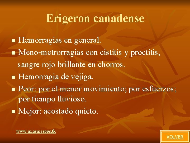 Erigeron canadense Hemorragias en general. n Meno-metrorragias con cistitis y proctitis, sangre rojo brillante Erigeron canadense Hemorragias en general. n Meno-metrorragias con cistitis y proctitis, sangre rojo brillante